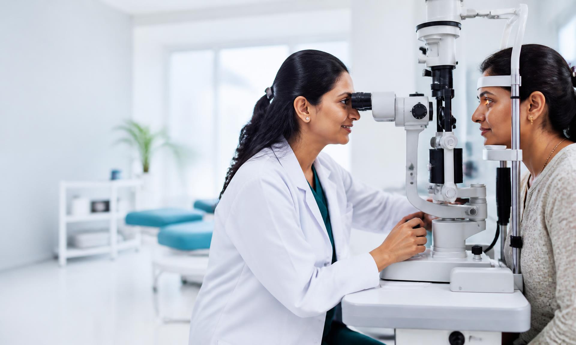 Ophthalmologist examining a patient at a modern eye clinic